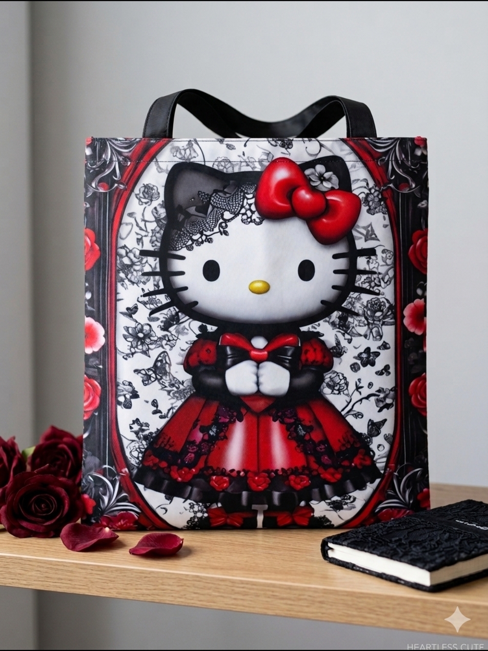 ​NWOT Hello Kitty Gothic Noir Red & Black Roses Tote Bag – 13"x15"